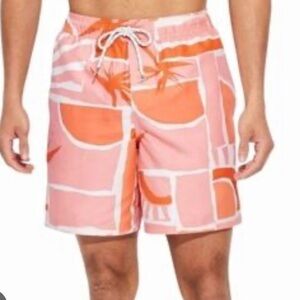 Original Use Men's 7” Inseam Swim Trunks Orange Abstract Size M NWT